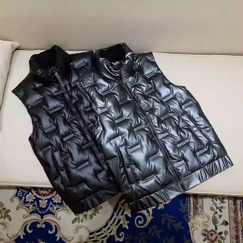 Black Men's Standing Collar Sleeveless Vest Coat, Winter Fashion Casual Waterproof Thick Jacket,Silver Windproof Waistcoat