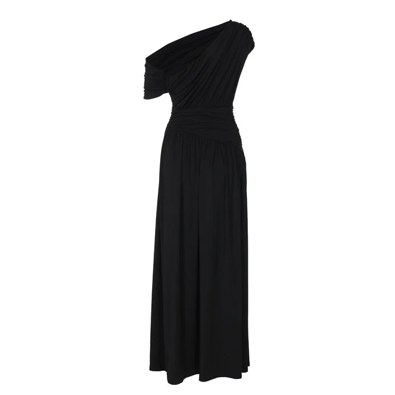 Mozision Incline Shoulder Backless Sexy Maxi Dress Women Summer New Fashion Sleeveless Pleated Ruched Club Party Long Dress