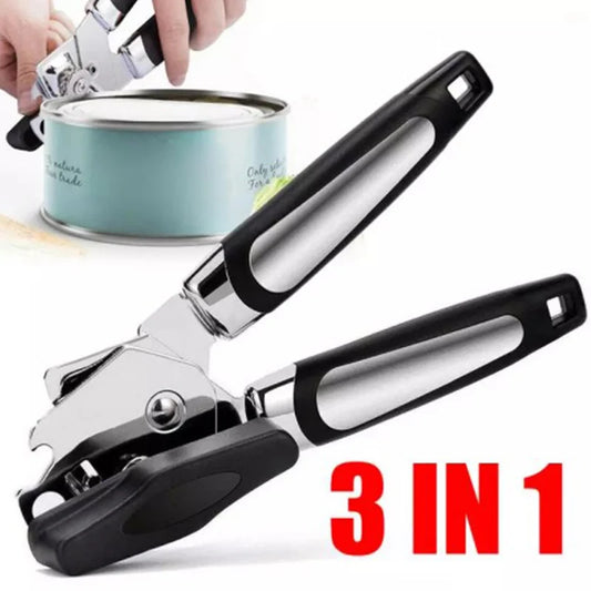 3 in 1 Professional Manual Stainless Steel Cans Opener Practical Unique Kitchen Tools Corkscrew Handle Grip Bottle Opener 1PC