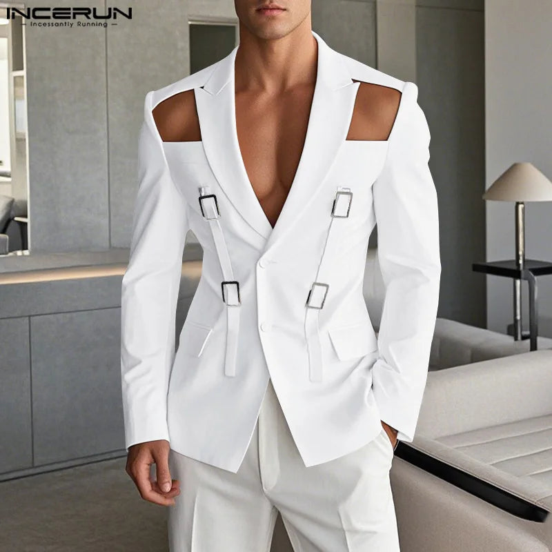 INCERUN Tops 2025 American Style Fashion Men Hollow Button Design Suit Coat Casual Streetwear Solid Long Sleeved Lace Up Blazers