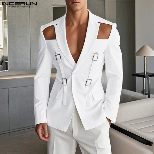 INCERUN Tops 2025 American Style Fashion Men Hollow Button Design Suit Coat Casual Streetwear Solid Long Sleeved Lace Up Blazers