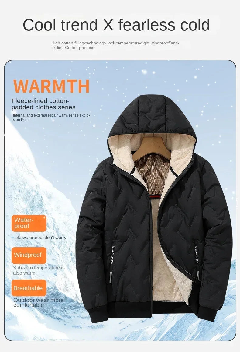 2024 new men's imitation wool cotton jacket thick and warm plus size loose and casual versatile solid color simple hooded top