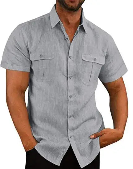 Cotton Linen Hot Sale Men Short-Sleeved Shirts Summer Solid Color Stand-Up Collar Casual Beach Style Plus SizeMale Shirts