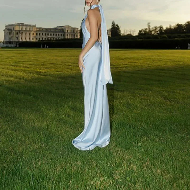 Robes Woman Elegant Solid Satin Party Dresses Spring Halter RIbbons Backless Maxi Dress Summer Hollow Sleeveless Slim Long Dress