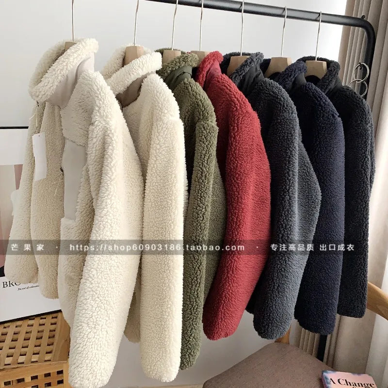 Autumn Winter Lambswool Coat Male Loose Windproof Warm Sherpa Stand Collar Polar Fleece Jacket Unisex Simple  Pocket Spliced Top