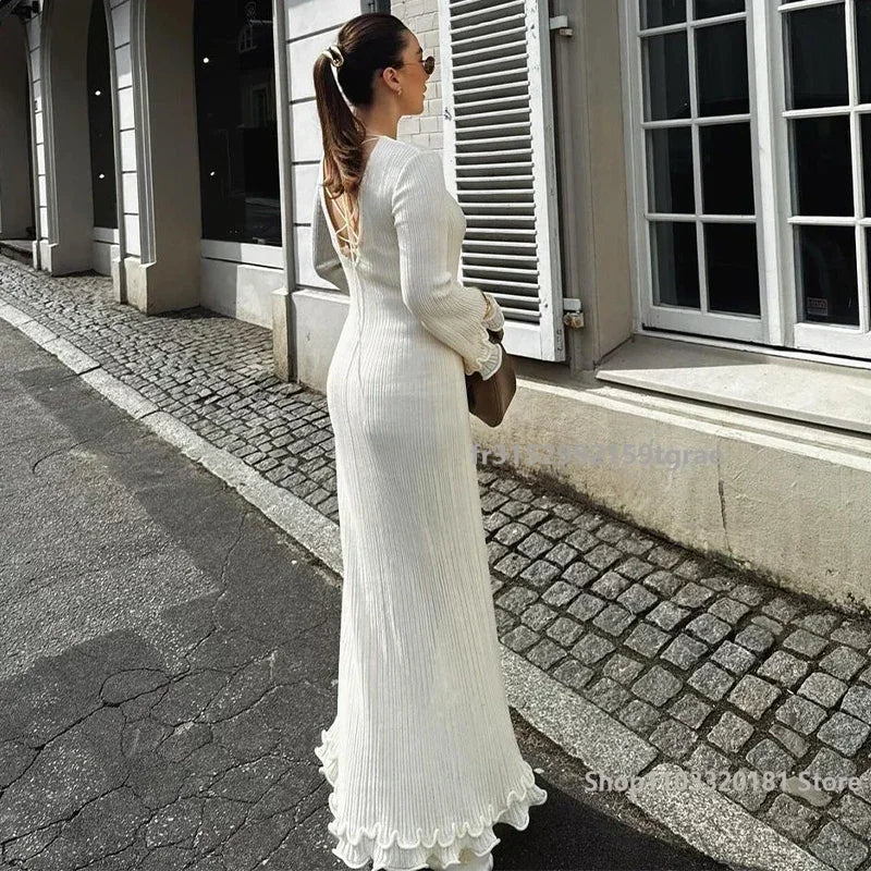 Fashion Solid Ruffles Pleated Loose Long Dress Women Elegant Round Neck Flare Long Sleeves Maxi Dresses Lady High Street Wear