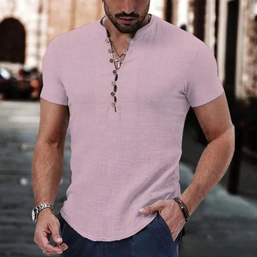 New Men's Short Sleeve T-shirt for Men Button Cotton Linen Shirt Men's Casual Clothes Popular Tops for Men