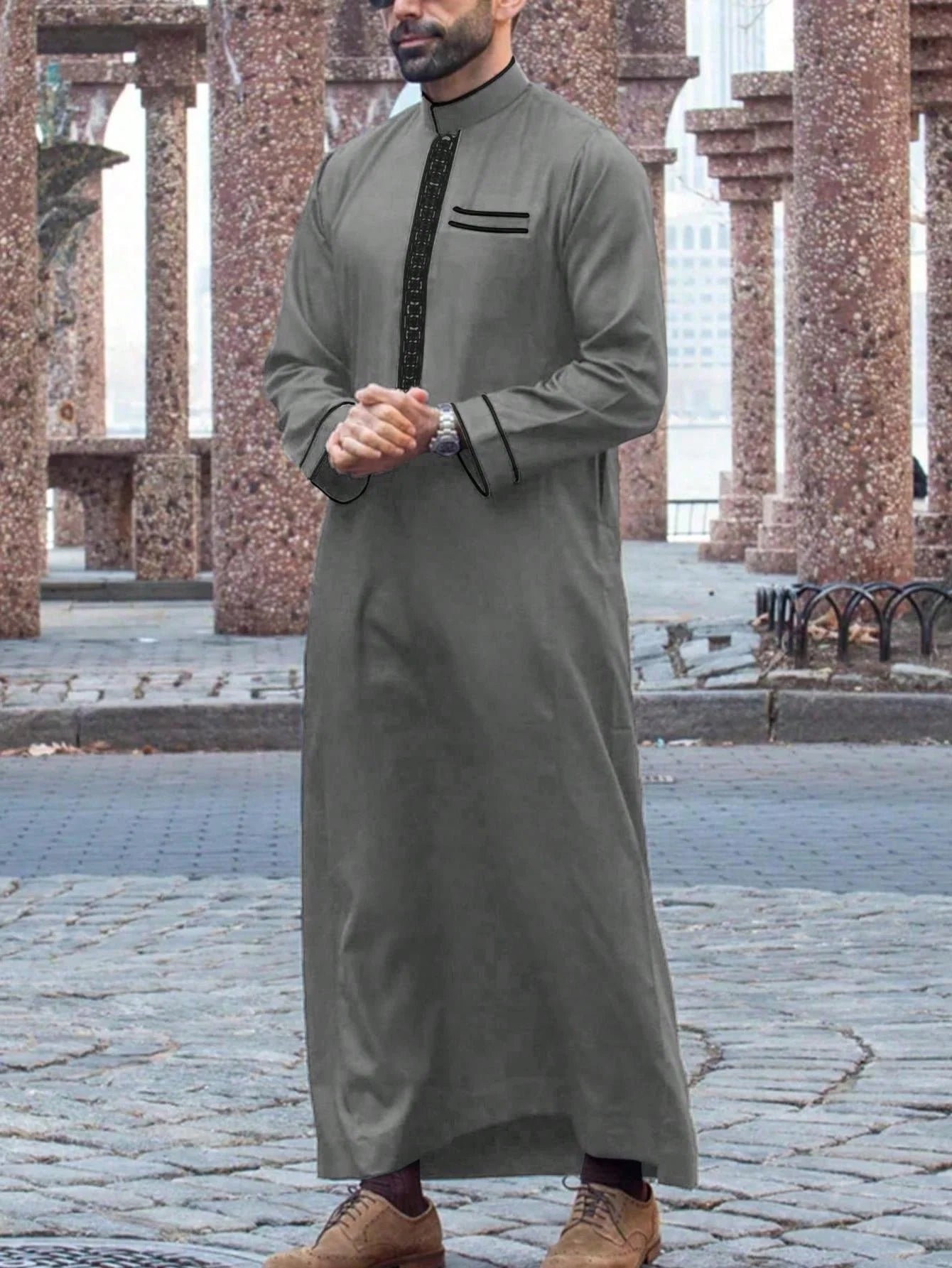 Long sleeve embroidered stand collar thobe, Muslim Arab men's robe
