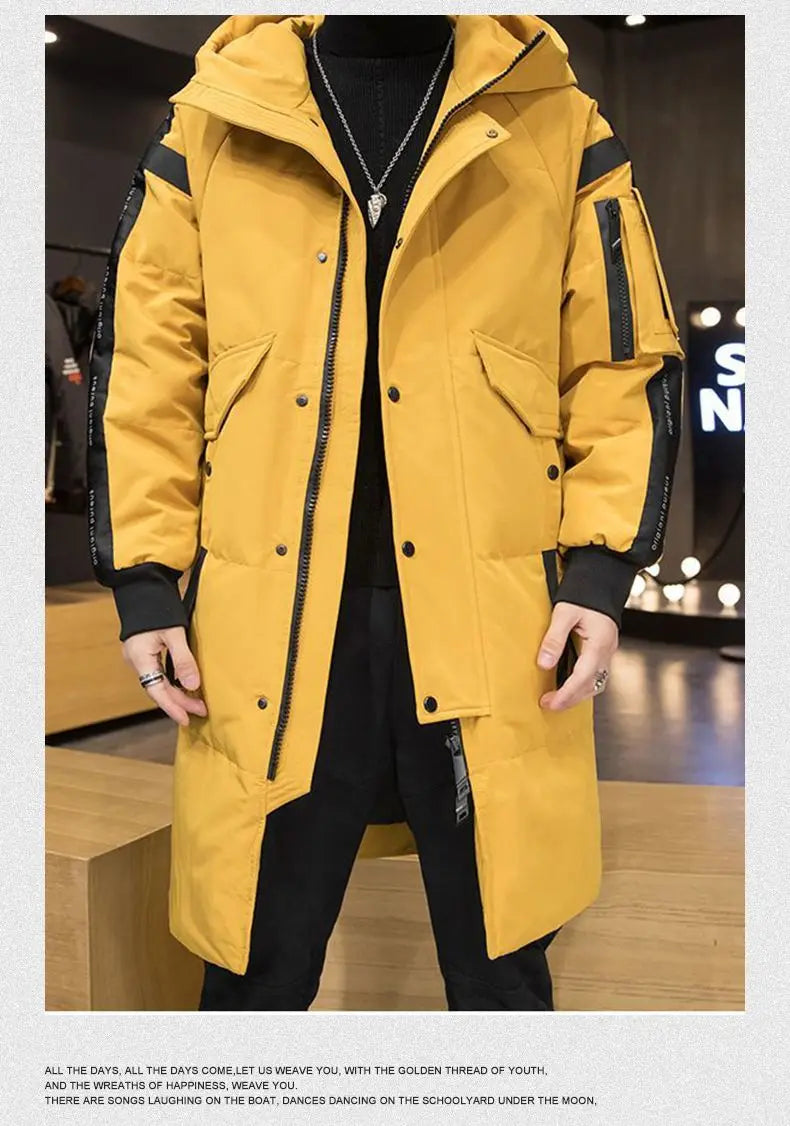 Men's Parkas Hooded New Over-the-knee Overcoat Thickened Mid-length Jacket Zipper Buttons Winter White Duck Down Jackets