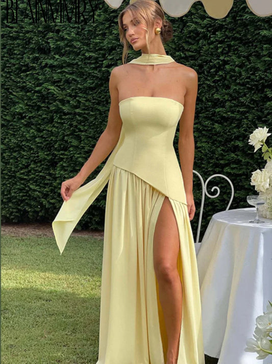 Elegant Yellow Gauze Off Shoulder Scarf Neack Long Dress Women Fashion Sleeveless A-line Vestido 2025 Summer Vocation Party Robe