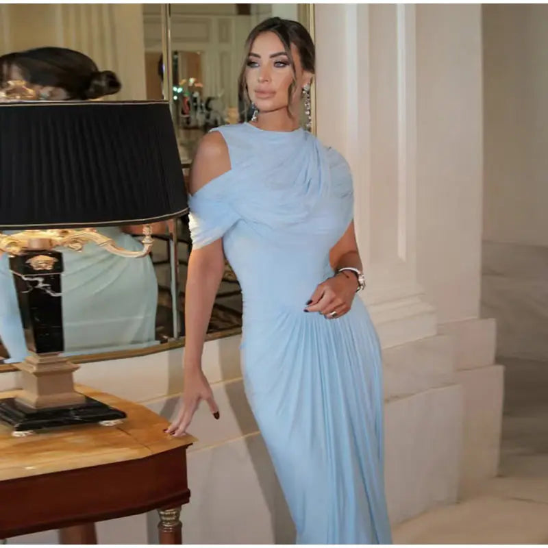 Shawl Long Dress Women Elegant Asymmetrical Chiffon Pleat Slim Waist Maxi Dresses 2025 Summer New Female Evening Party Prom Gown