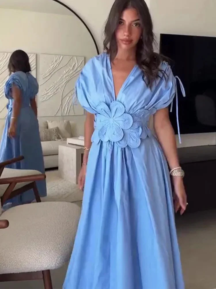 Women Blue V-neck Waist Strap Three-dimensional Flower Bow High Waist Long Dress