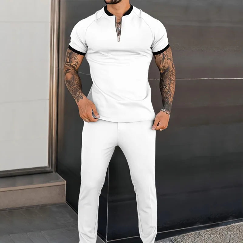 European and American summer popular men's short-sleeved trousers suit slim and trendy youth casual sports suit