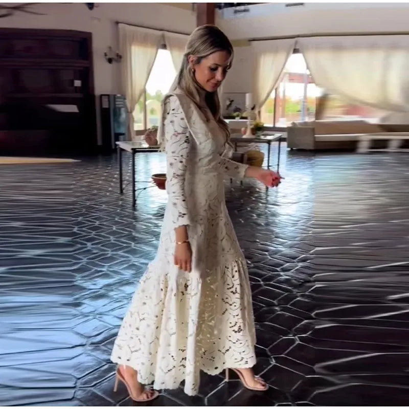 Elegant Lace Hollow Out Long Dress Women High Collar Long Sleeve Slim Solid Dresses 2025 Spring Summer Patchwork Lady Party Robe