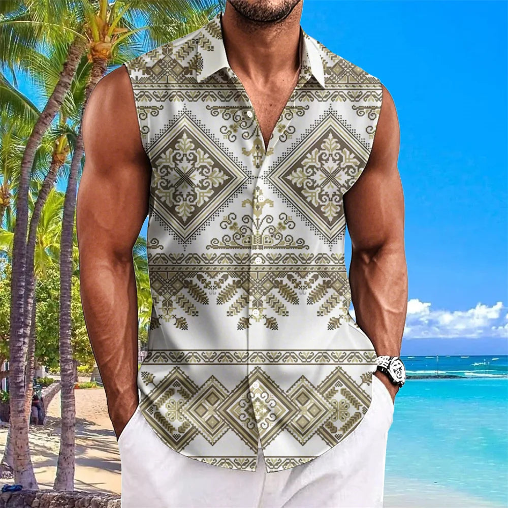 Ethnic Style Men's Shirts Cashew Flower Print Sleeveless Lapel Tops Hawaiian Shirt For Men Casual Vintage Oversized Men Clothing
