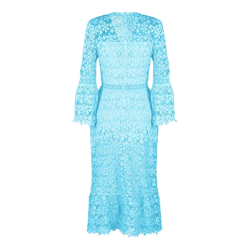 Sexy Autumn Lace Long Sleeve V-neck Big Show Long Dress Women Polyester Fabric High Waist Hollow Out Design Summer Style