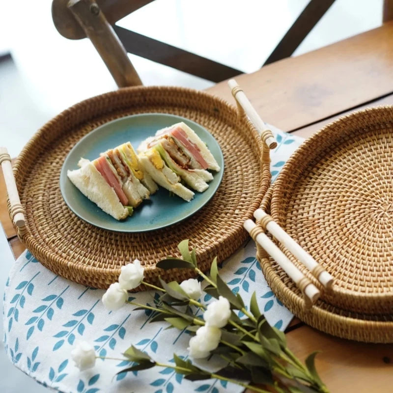 Rattan Tray Round Storage Basket Tray with Handles Natural Hand Woven Baskets Bread Fruit Food Plate Tray Home Kitchen Supplies
