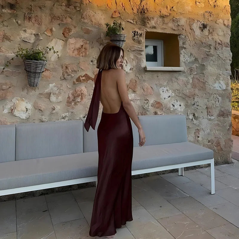 Halter Satin Long Dress Women Tied Backless Brown Midi Dress Summer Off Shoulder Party Dresses Pleated Evening Dress