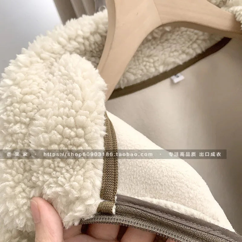 Autumn Winter Lambswool Coat Male Loose Windproof Warm Sherpa Stand Collar Polar Fleece Jacket Unisex Simple  Pocket Spliced Top