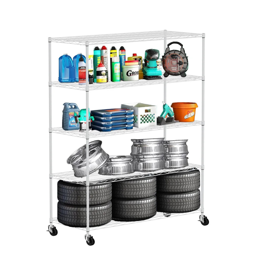 Warehouse supermarket kitchen other 5-layer heavy-duty adjustable shelves with wheels  adjustable feet  frame bearing 300 pounds