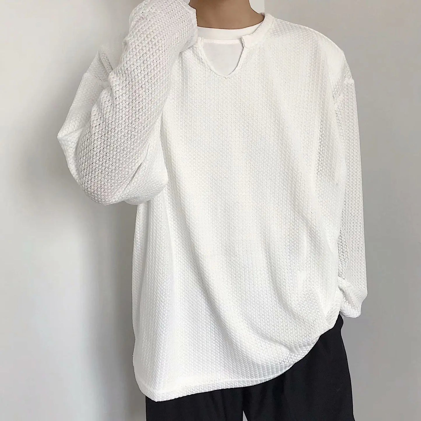 Spring Autumn New Fashion V-neck Long Sleeve Solid Color T-Shirts Men's Clothing Korean Loose All-match Pullovers Hip Hop Tops