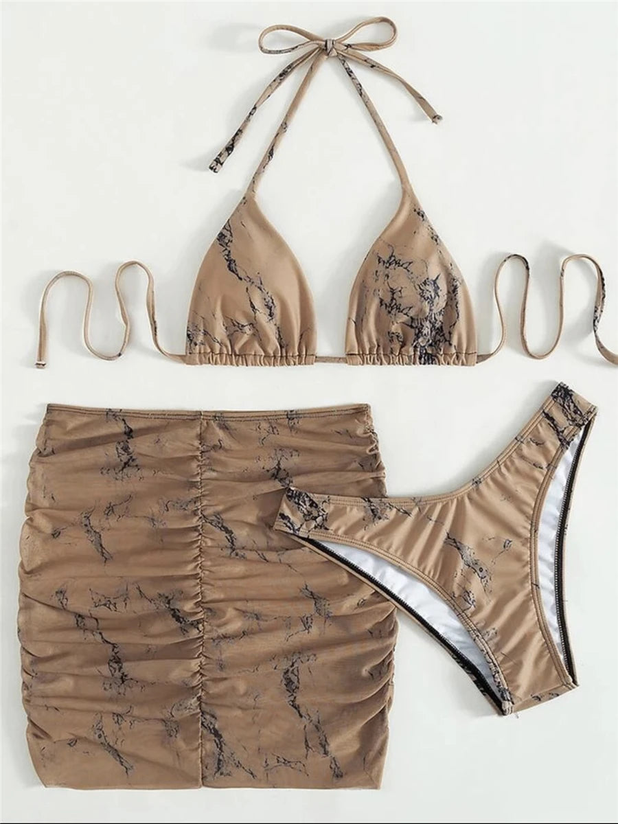 3 Pieces Thong Bikini Set With Skirt Marble texture Bathing Suit Women Swimsuit Set Female Swimwear Beach Wear Swimming Summer
