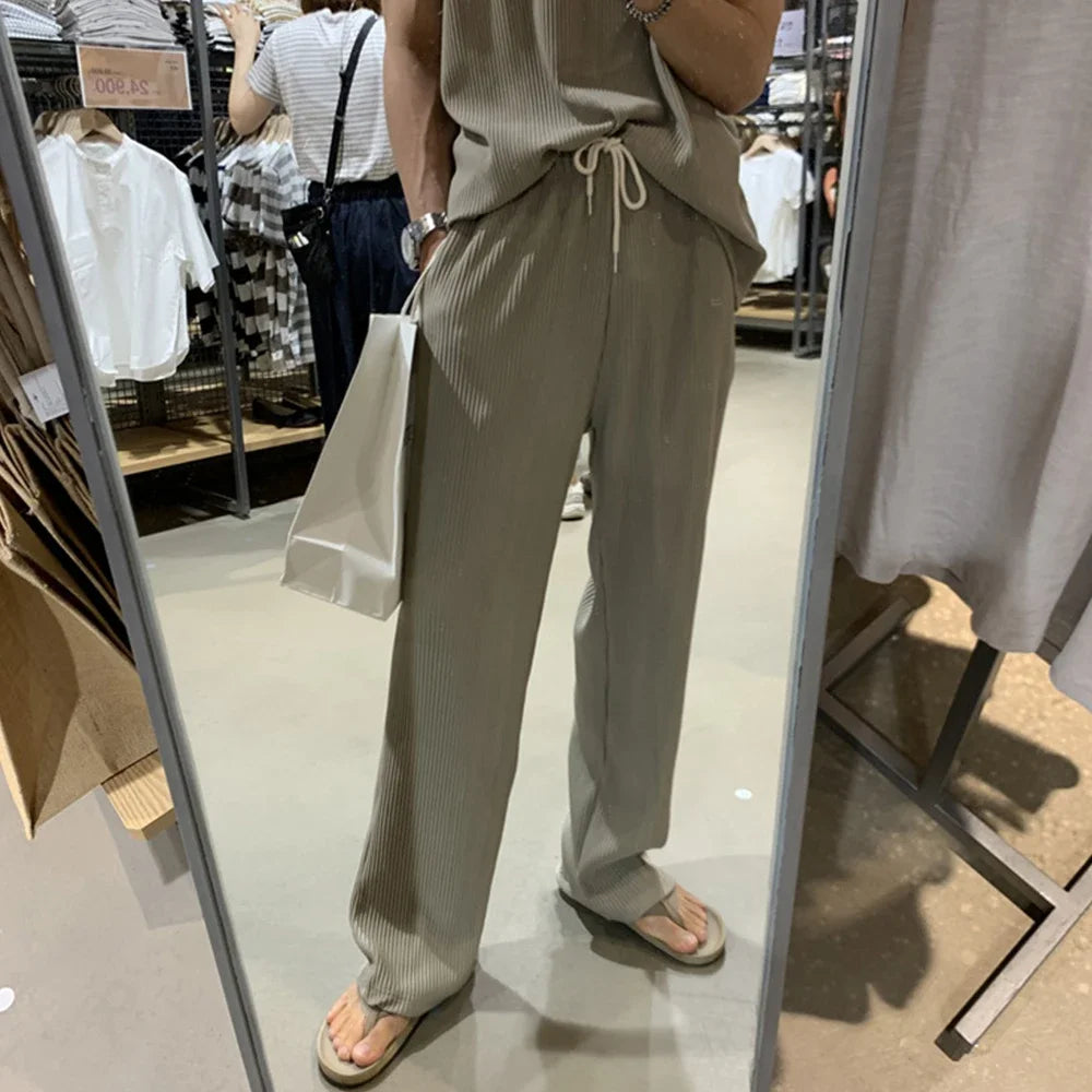 New Summer Clothing Mens Casual Tank Tops Set Luxury Korean Streetwear O Neck Solid Drape Vest and Trousers 2 Piece Suit