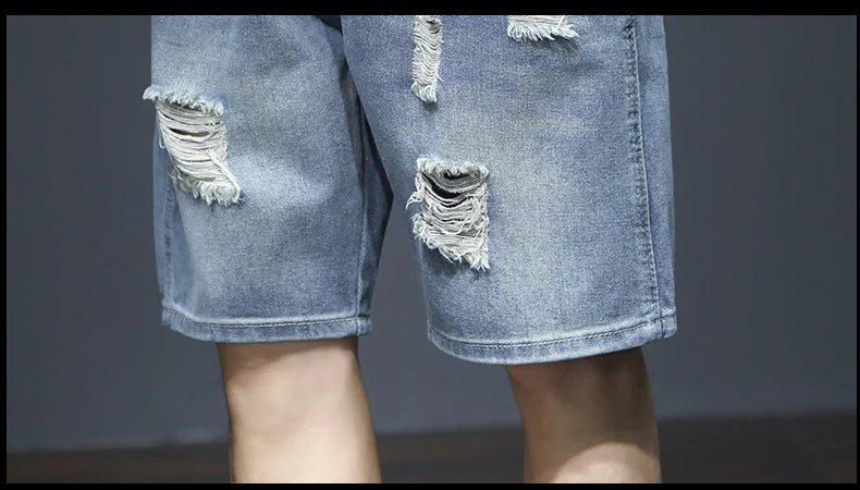 Summer Men's Blue Denim Shorts Y2k Cotton Loose Straight Ripped Fashion Shorts Men Korean Trendy Casual Streetwear Short Jeans