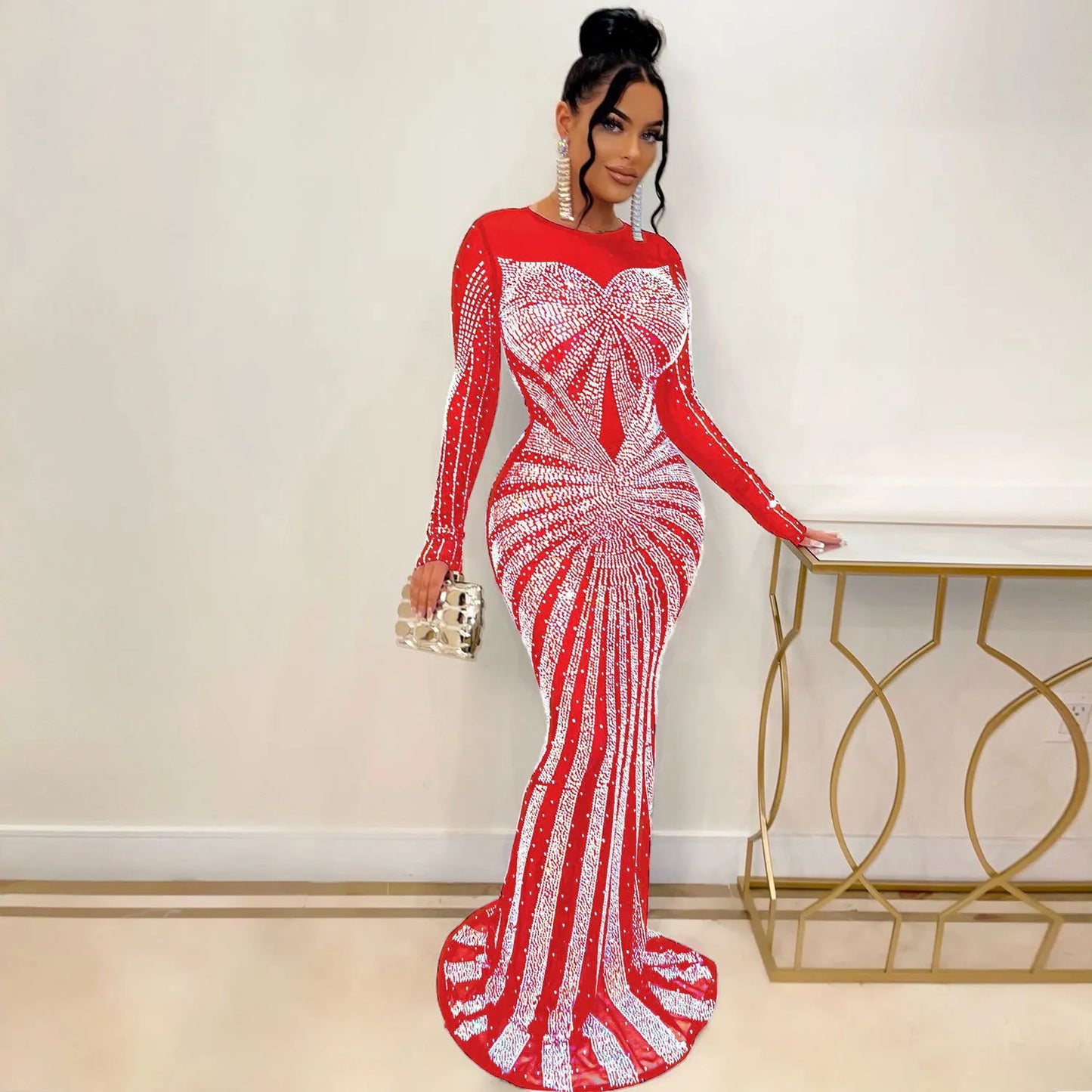 Sexy Rhinestone Crystal Mesh See Through Maxi Dress New Women Long Sleeve Birthday Night Clubwear Long Dress Wedding Party Dress