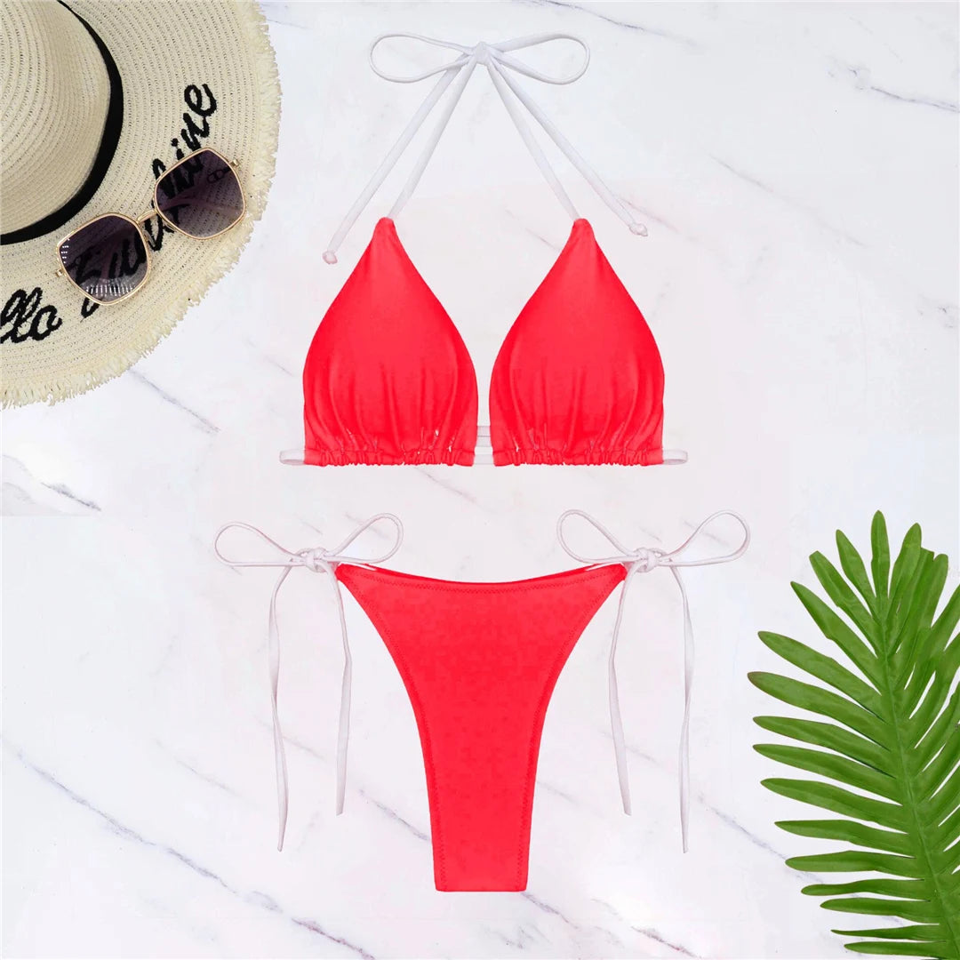 S - XL Sexy Halter Strappy High Cut Bikini Women Swimwear Female Swimsuit Two-pieces Bikini set Bather Bathing Suit Swim V6244