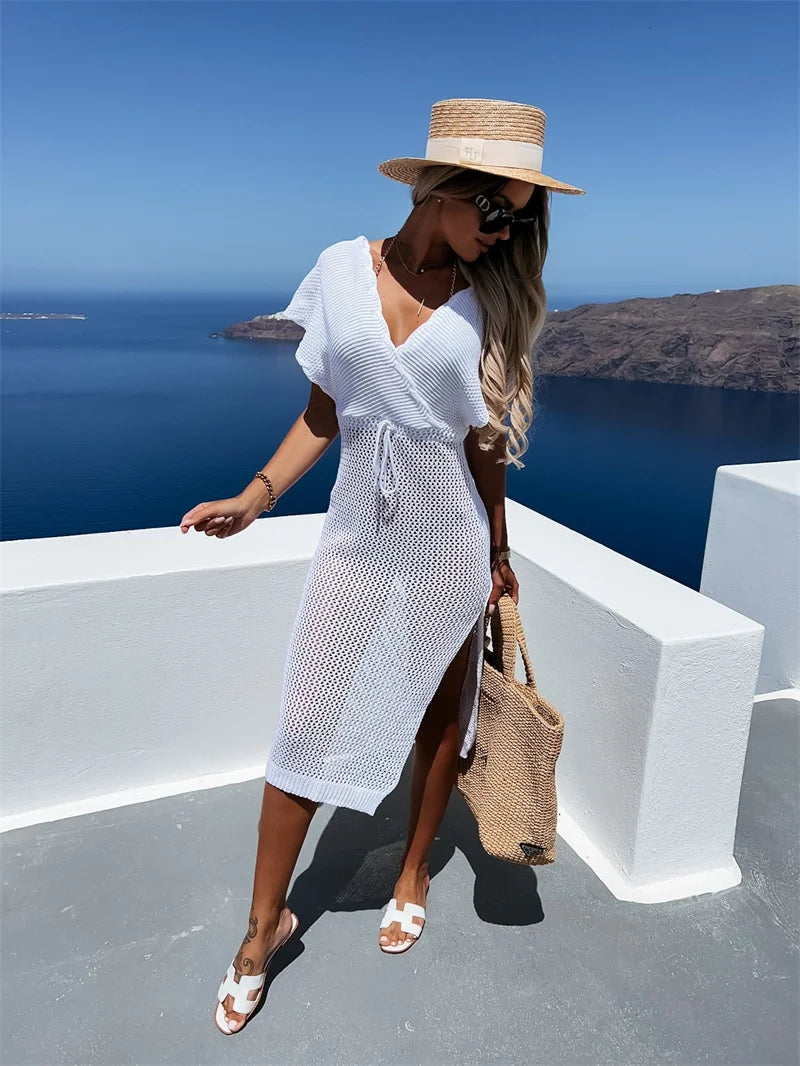 2024 White Crochet Tunic Bikini Cover-ups Sexy Hollow Out Long Dress V neck Women Summer Clothes Beach Wear Knitted Cover Up