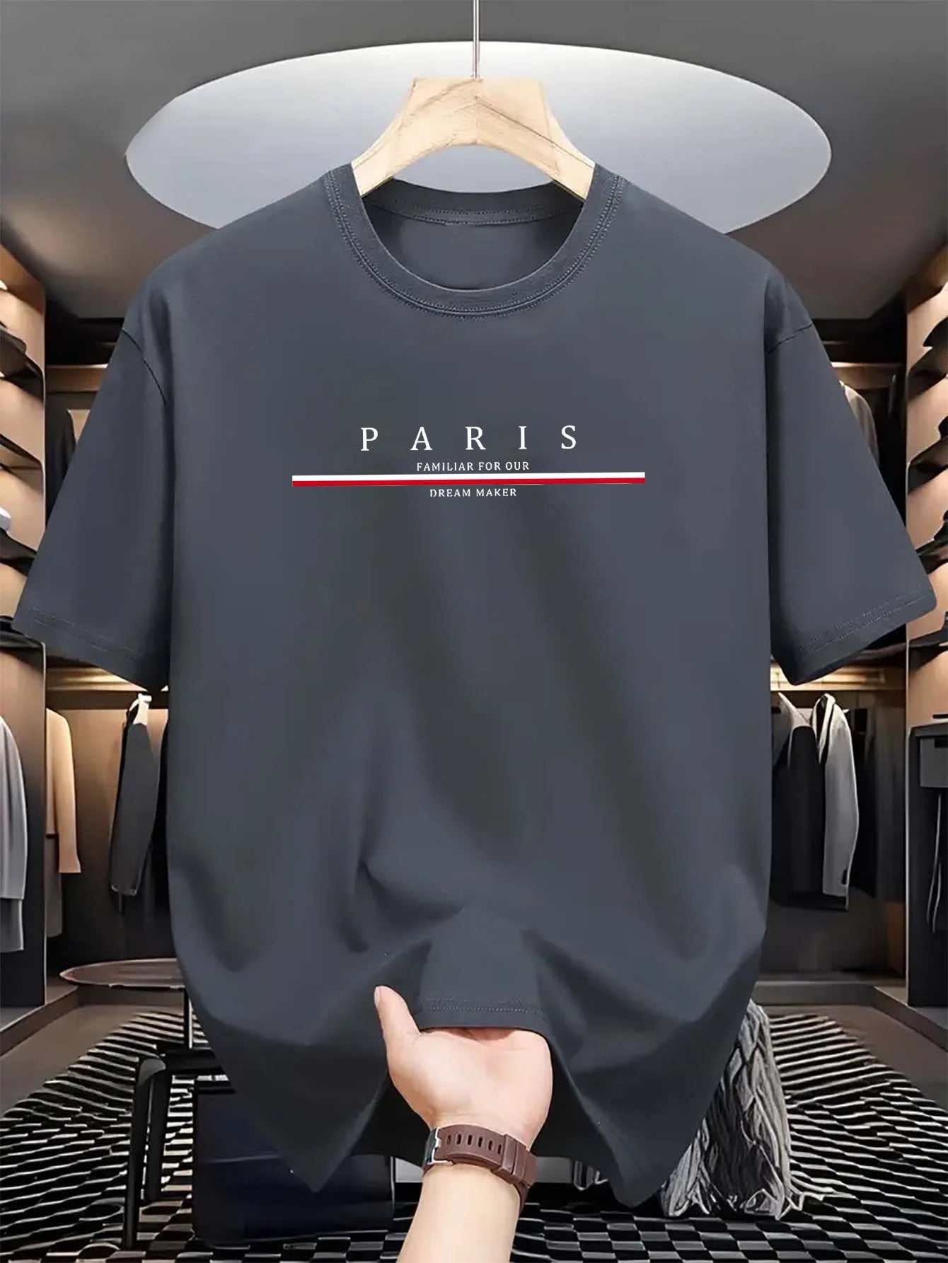 Men's 100% pure cotton summer casual loose fashion Paris letter printed comfortable round neck short sleeved T-shirt top