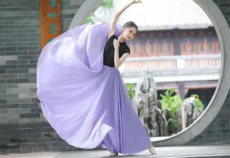 720 Degree Wide Dancing Skirt Chiffon Double Layer Semi-Long Dress Women's Solid Color Xinjiang Dance Skirt