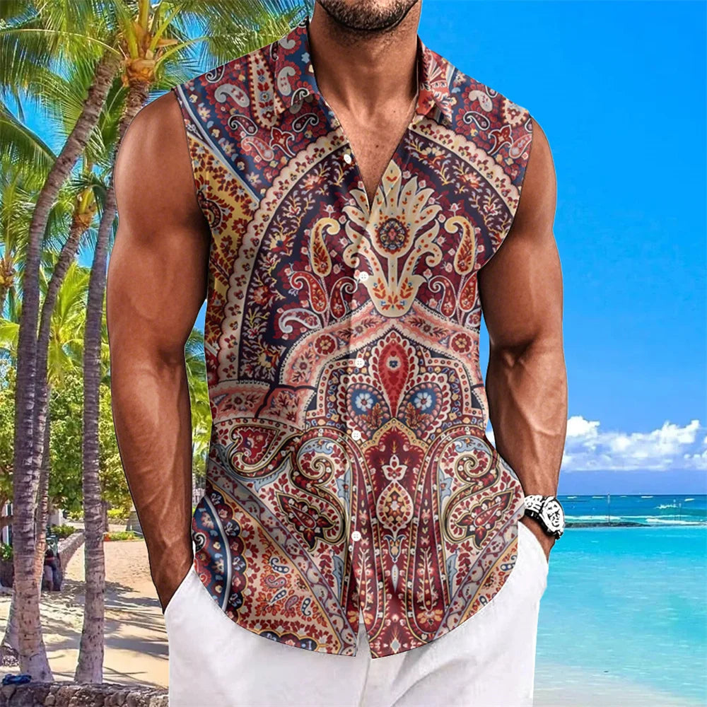 Ethnic Style Men's Shirts Cashew Flower Print Sleeveless Lapel Tops Hawaiian Shirt For Men Casual Vintage Oversized Men Clothing
