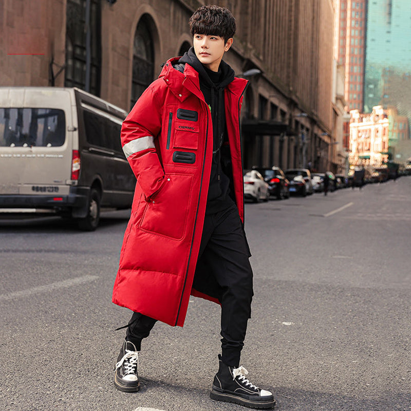 Gmiixder 2023 New Over Knee Down Coat Men's Mid Length Couple Thickened Multi Pocket Parkas Youth Work Wear Winter Long Jacket