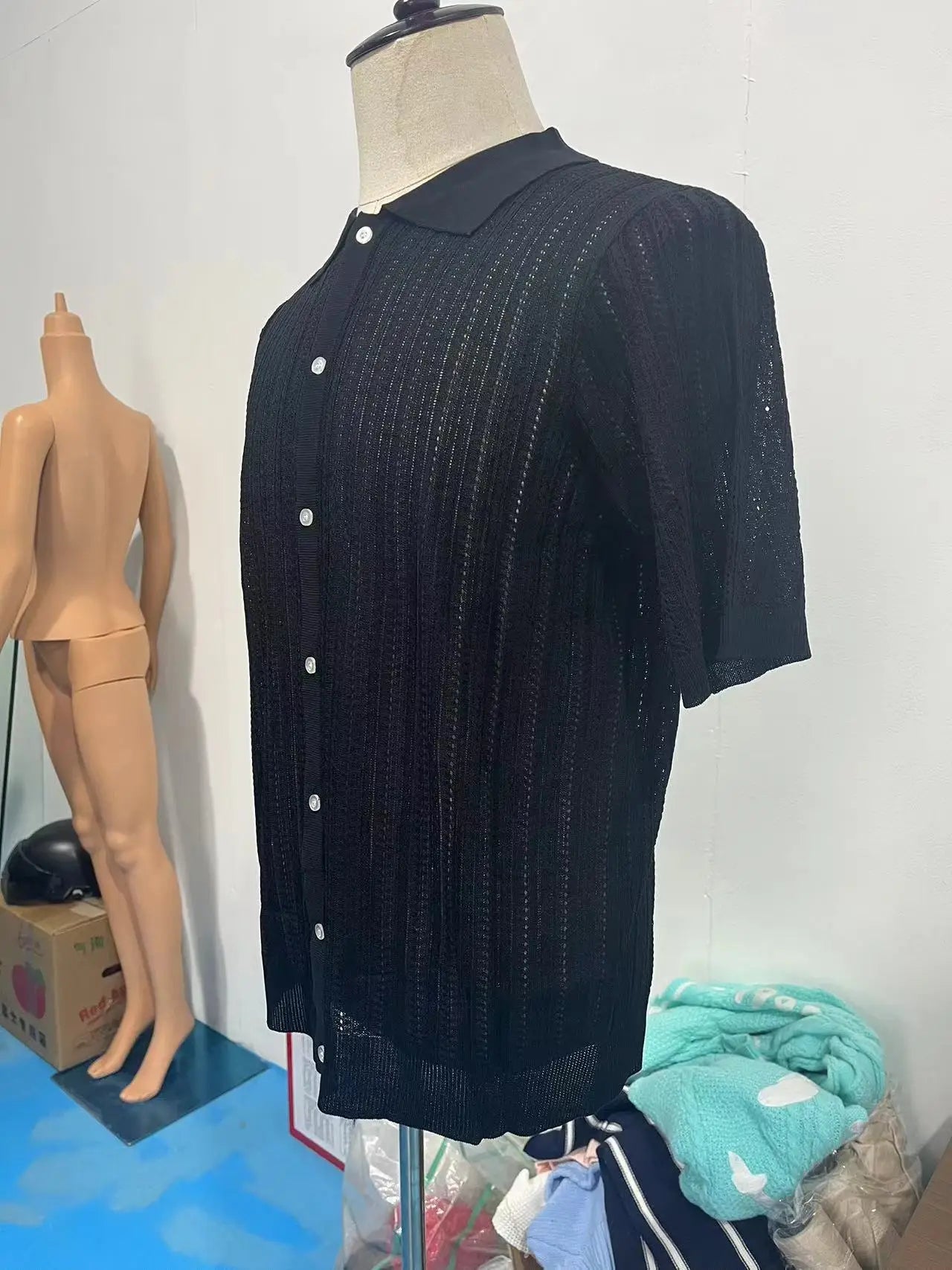 Summer Men's Casual Shirt Breathable Hollow Out Knit Shirt Short Sleeve Lapel Lightweight Top for Men European  American Loose