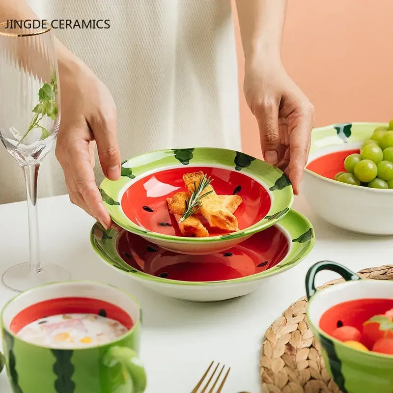 Watermelon Bowl Ceramic Bowl Plate Set Home Ramen Bowl Cute Hand-painted Tableware Children's Rice Bowls Kitchen Accessories