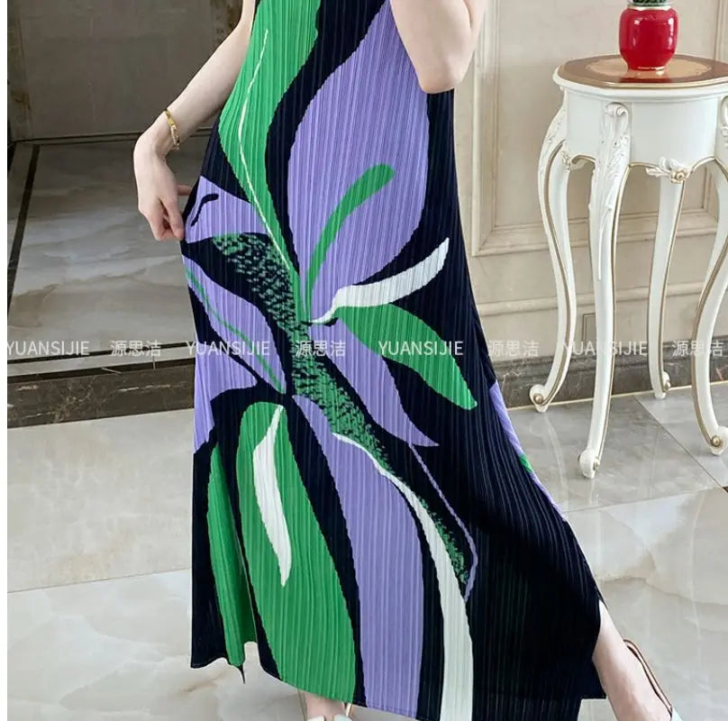 Pleated Geometric Diamond Summer Women French Casual Printing Holiday Style V-neck Sleeveless Loose Texture Forking Long Dress