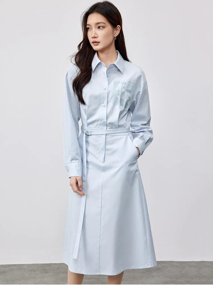SENTUBILA Lyocell Shirt Dresses Womens 2025 Spring Cotton Embroidery A-line Turn Down Collar Solid Wrap Long Dress 151L58233