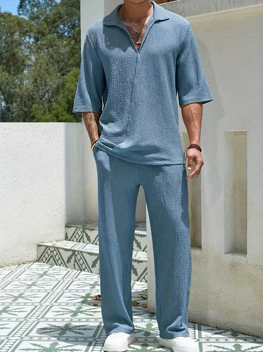 2025 Europe and the United States men's new spring half-sleeve shirt pants solid color suit V-neck design