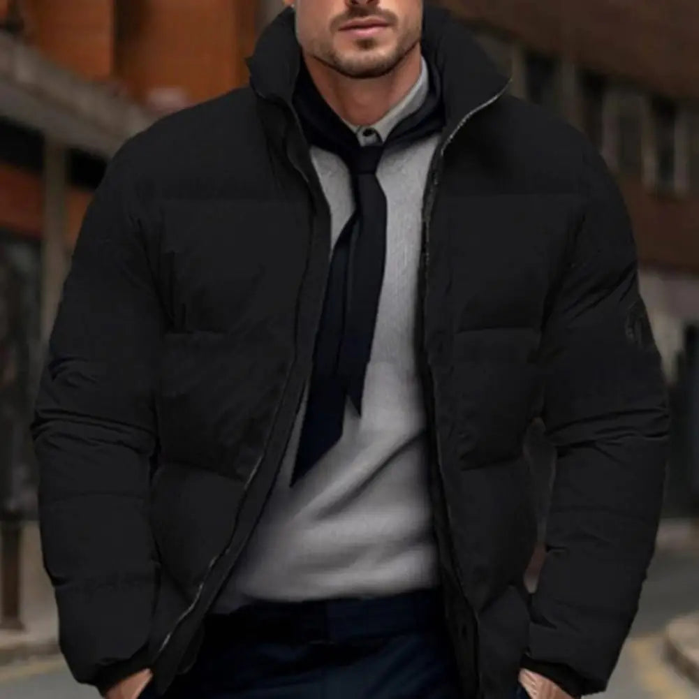 Men Quilted Jacket Solid Color Stand Collar Long Sleeve Zipper Closure Cotton Coat Thickened Jacket Down Cotton Puffer Outwear