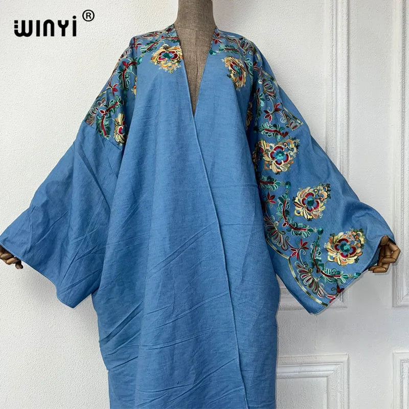 WINYI Embroidered soft denim cardigan Women coat Loose Long Dress elegant Party Boho maxi beach Holiday Swimming Cover Up Kimono