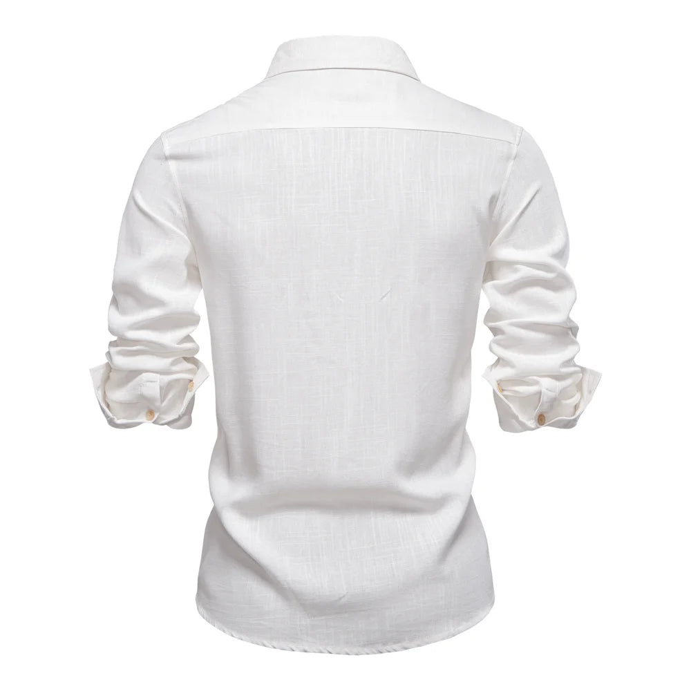 2025 New Design Men's Solid Color Linen Long Sleeve Shirt - Casual Button-Down Collar Shirt for Men