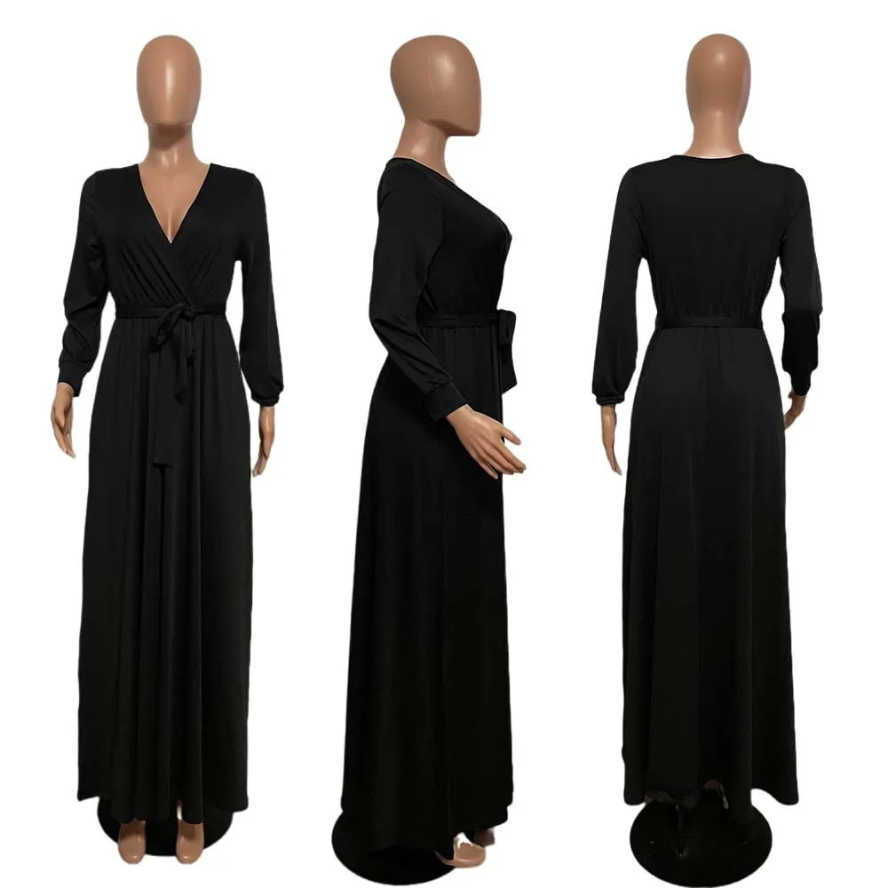 CM.YAYA Elegant Women Wraped V-neck Long Sleeve with Sashes Maxi Long Dress Chic INS Sexy Party Prom Big Swing Pink Dresses