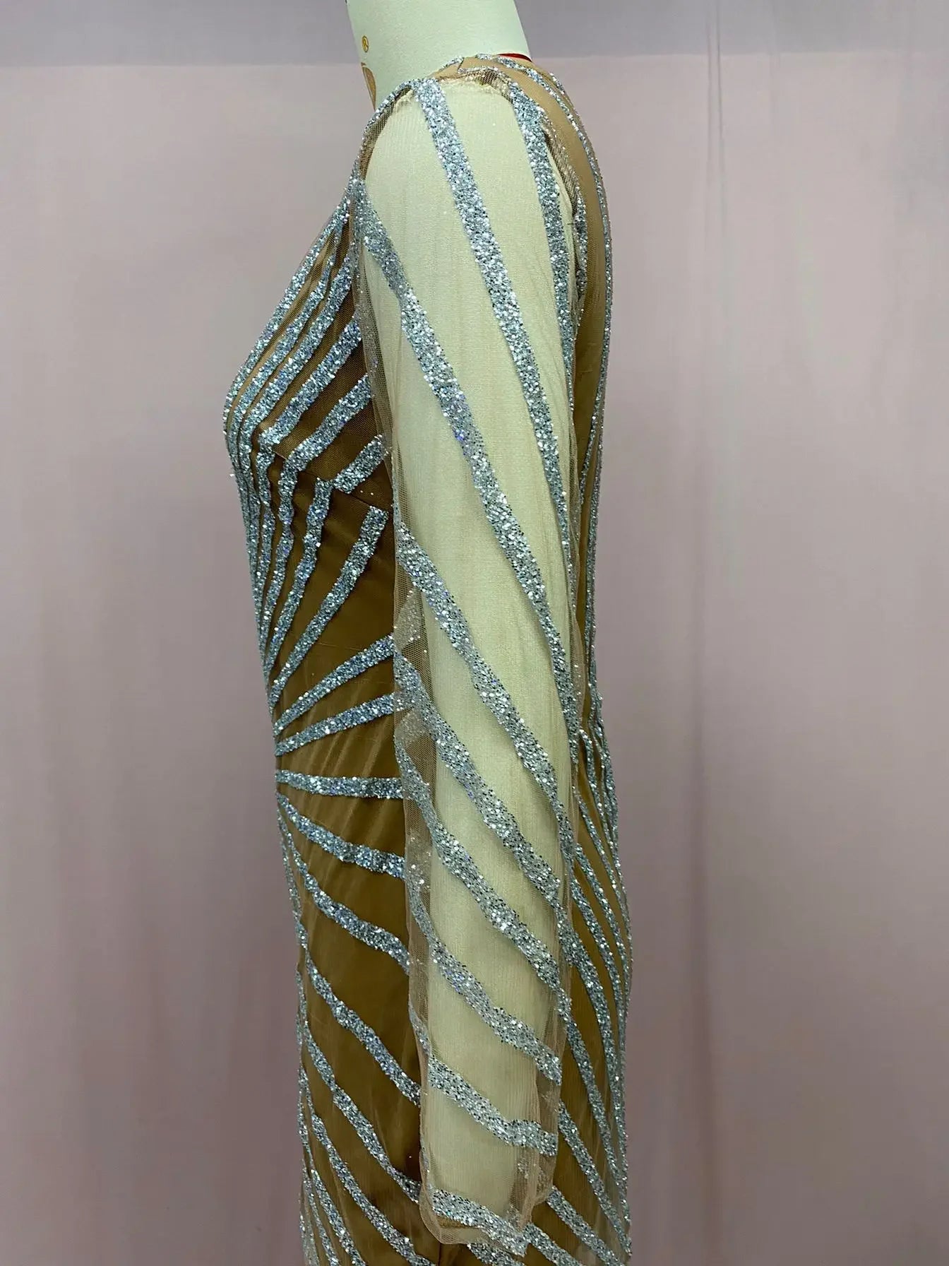 2024 New Spring Fashionable Embellished Women's Mesh Dress Long Sleeve Side Slit Long Dress For Women
