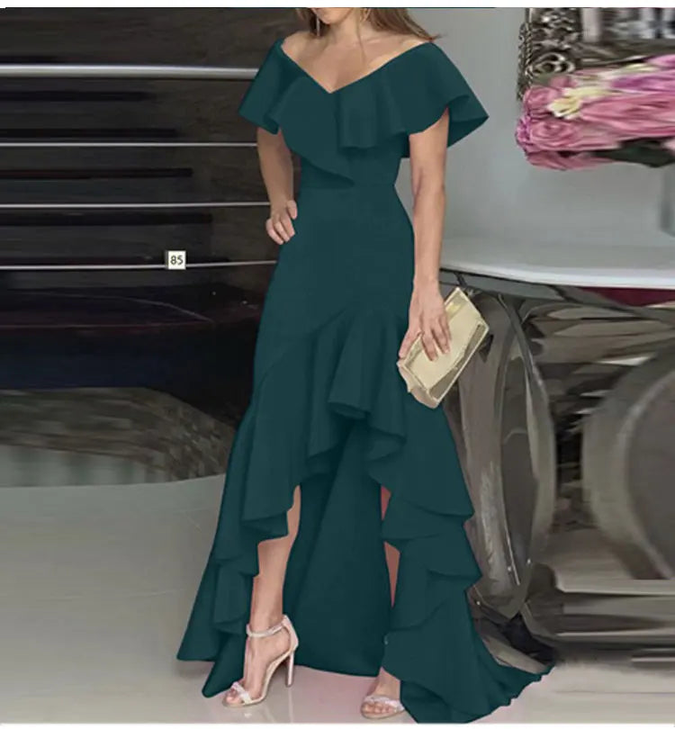 2023 Autumn New European and American Style V-Neck Long Dress with Ruffled Edge Irregular Elegant Dress Party Dress