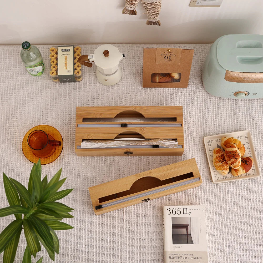 New 3 In 1 Bamboo Wrap Dispenser Storage For Aluminum Foil With Cutter Cling Film Holder Kitchen Accessories Organizer