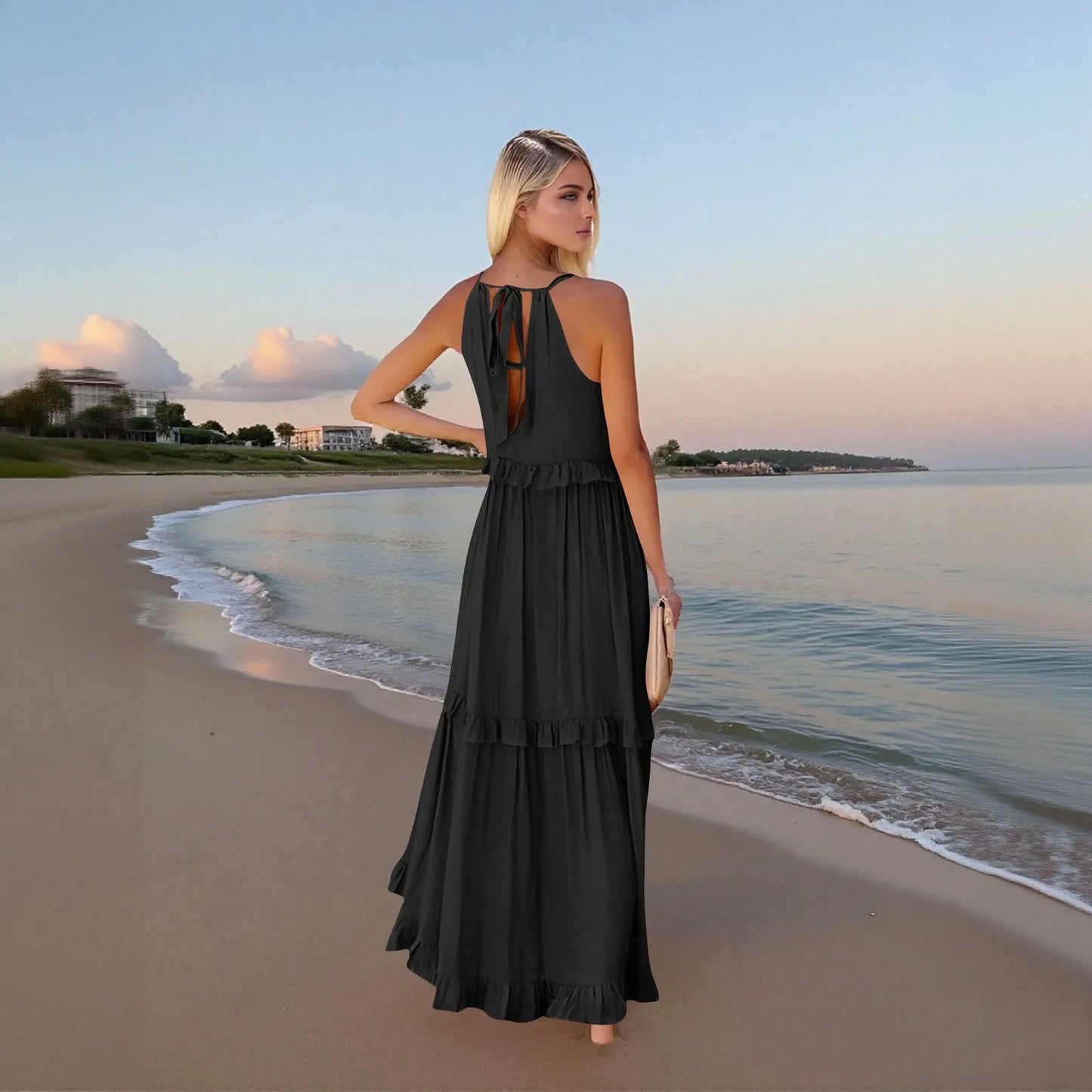 Women's Ruffled hem layered long dresses Summer Sleeveless backless dress Fashion Long Dress Big Swing Beach Dress vestidos
