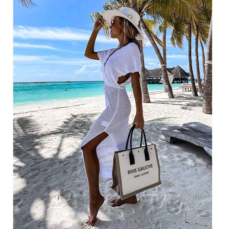 2024 White Crochet Tunic Bikini Cover-ups Sexy Hollow Out Long Dress V neck Women Summer Clothes Beach Wear Knitted Cover Up