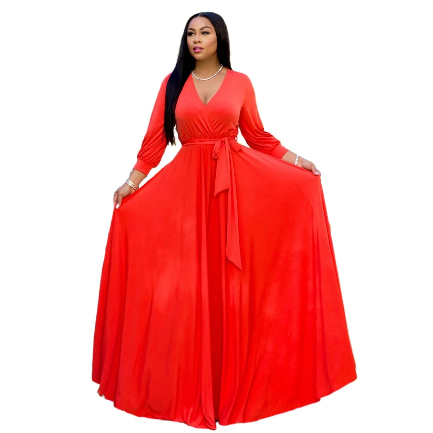 CM.YAYA Elegant Women Wraped V-neck Long Sleeve with Sashes Maxi Long Dress Chic INS Sexy Party Prom Big Swing Pink Dresses